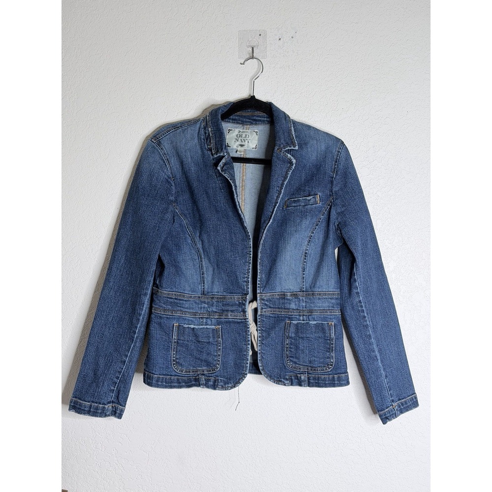 Old Navy Womens L Denim Blazer Jacket Blue Stretch Tie Front Y2K